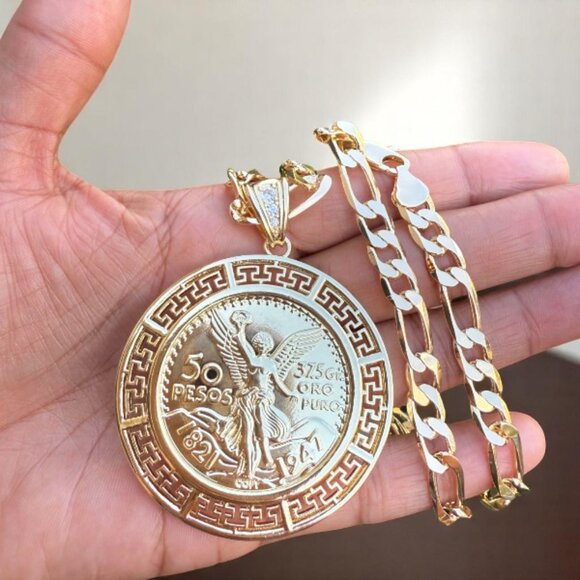 14K Gold Plated Mexican Centenario 50 CZ Pendant with Figaro Link Chain 20" 8mm - Picture 1 of 2